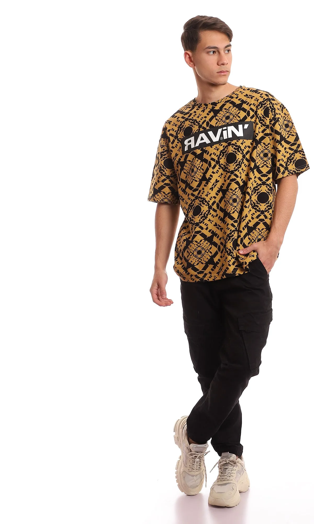 97352 Peru & Black Bi-Tone Printed Casual Tee