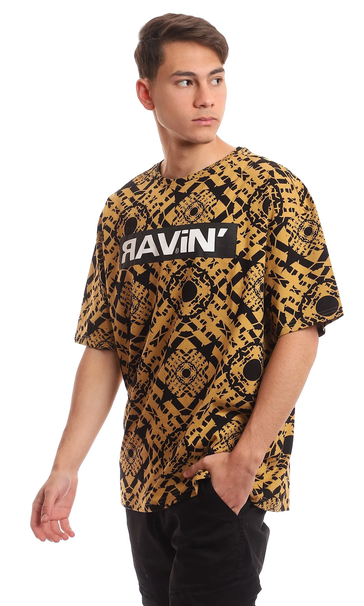 97352 Peru & Black Bi-Tone Printed Casual Tee