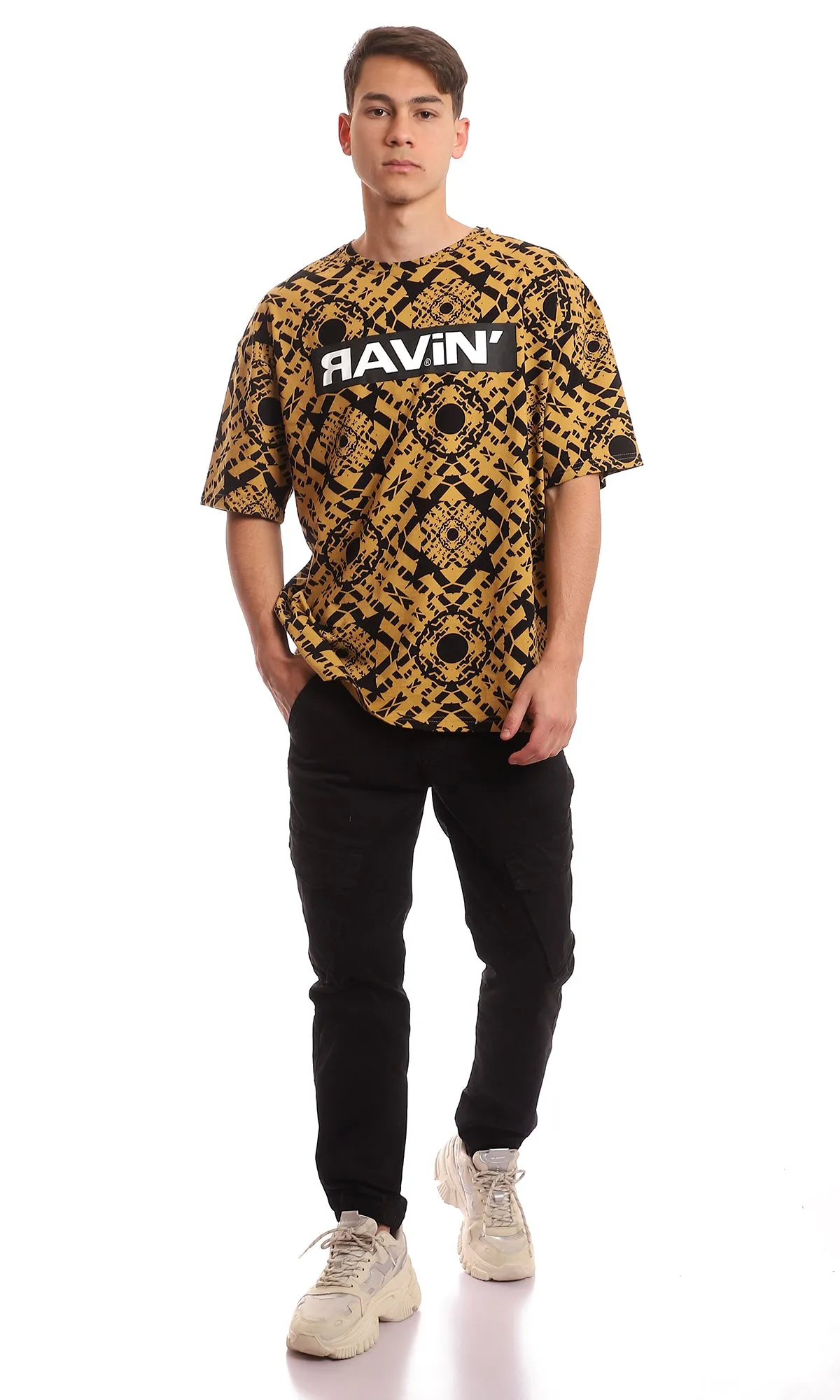 97352 Peru & Black Bi-Tone Printed Casual Tee