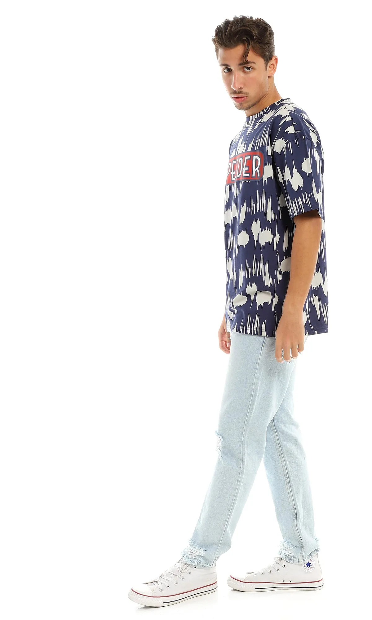97356 "Speeder" Printed & Patterned Navy Blue T-Shirt