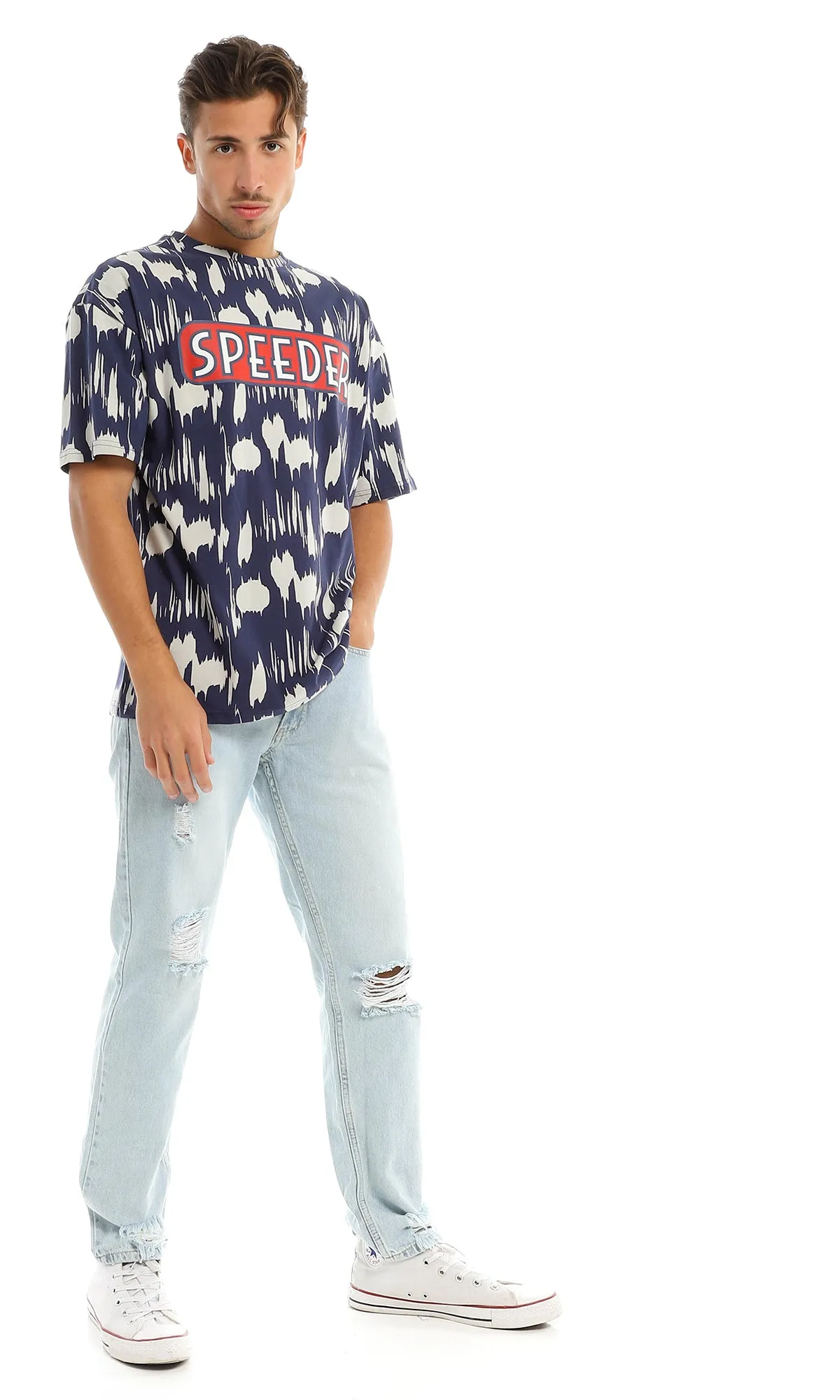 97356 "Speeder" Printed & Patterned Navy Blue T-Shirt