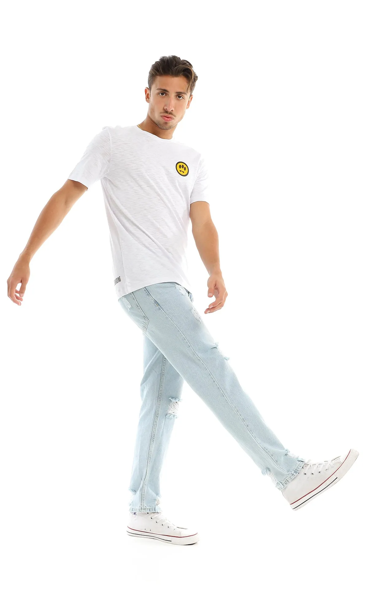97422 Side Printed Smiley Face White T-Shirt