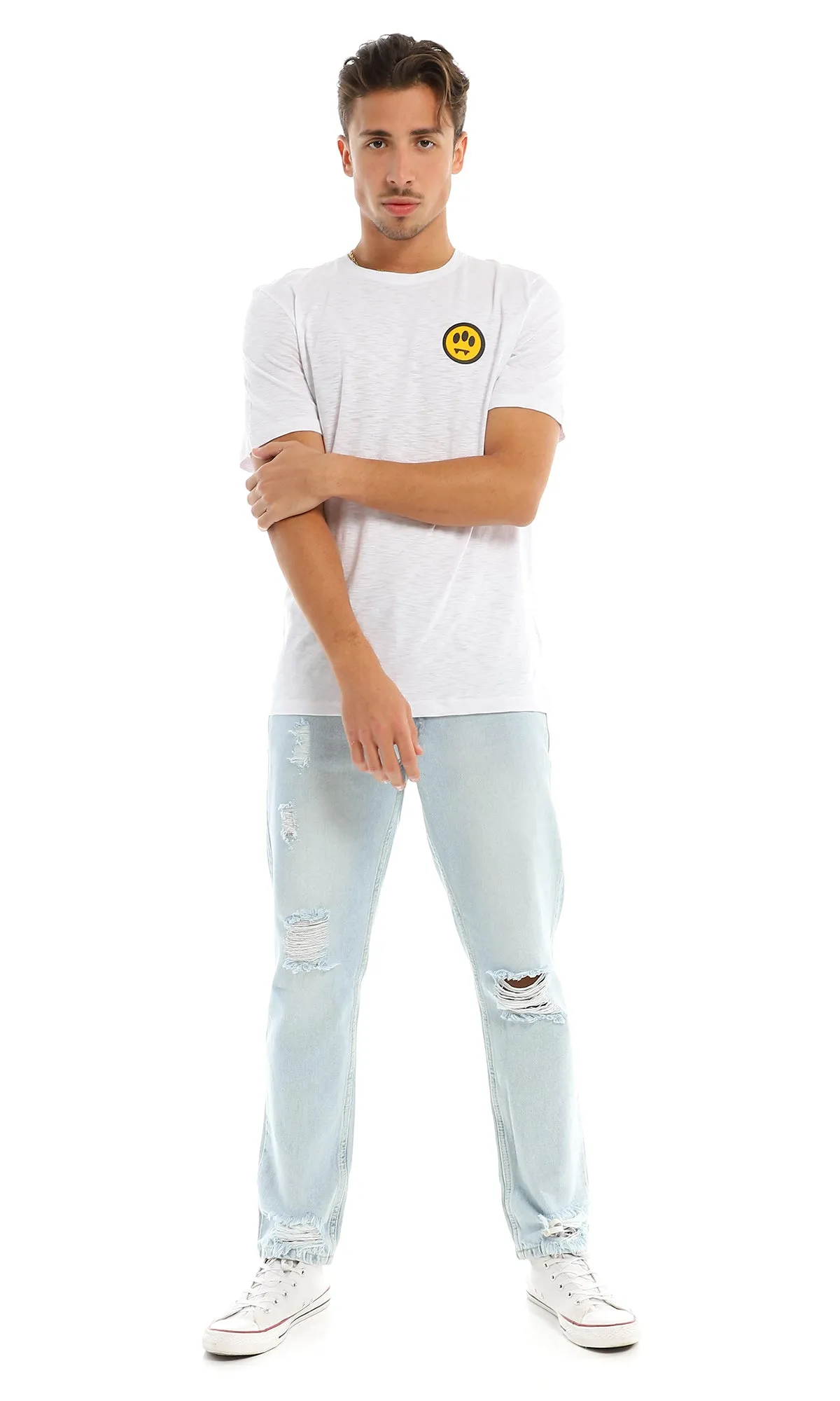 97422 Side Printed Smiley Face White T-Shirt