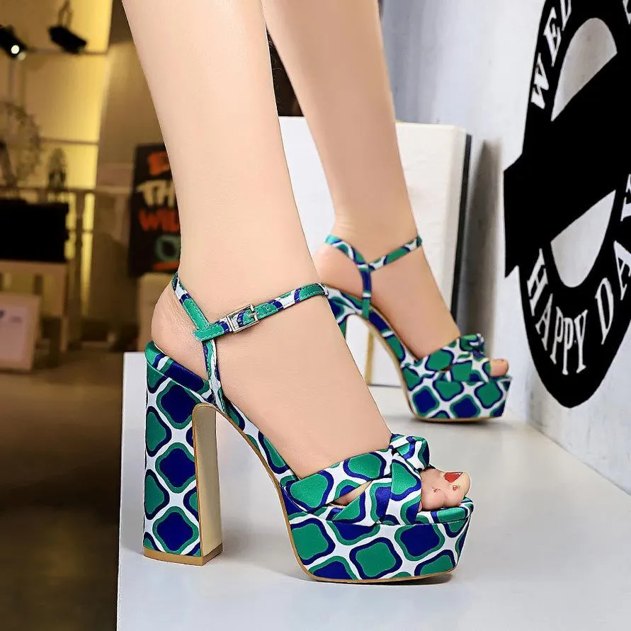 Chicvane Color Block Print Platform Pumps Heeled Sandals