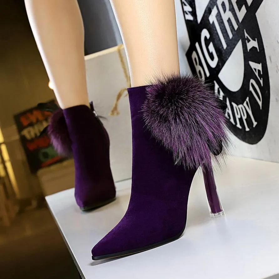 Chicvane Girls Suede Rabbit Hair Pointed Toe Crystal Stiletto Heel Ankle Boots