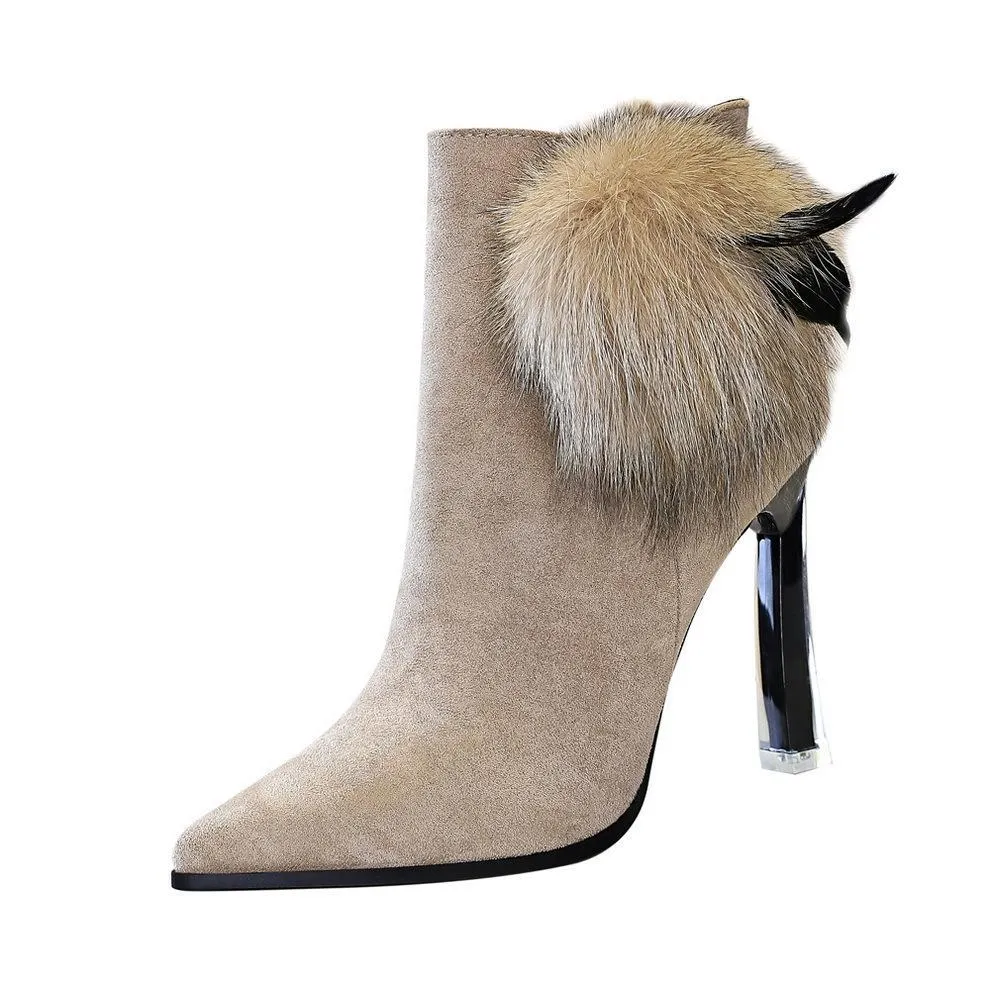 Chicvane Girls Suede Rabbit Hair Pointed Toe Crystal Stiletto Heel Ankle Boots
