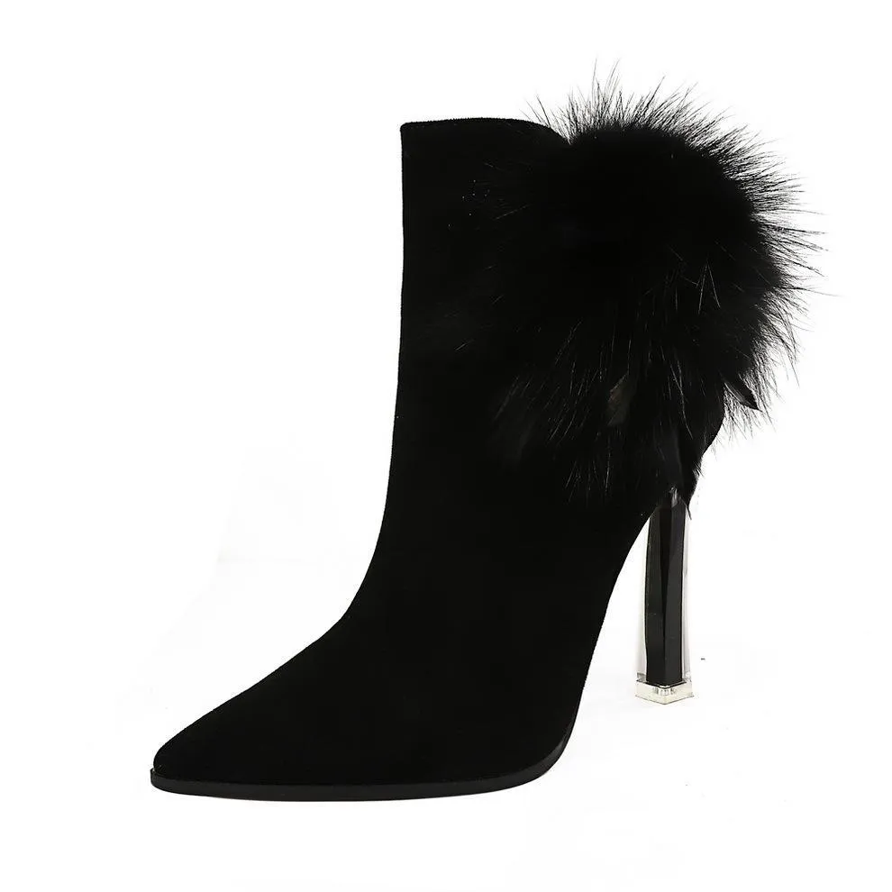 Chicvane Girls Suede Rabbit Hair Pointed Toe Crystal Stiletto Heel Ankle Boots