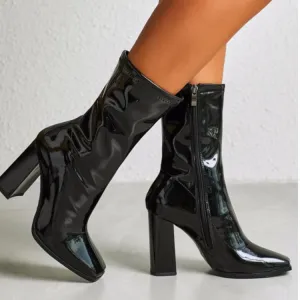 Chicvane Paint Black Square Toe Chunky Heel Mid Calf Boots For Girls With Zipper