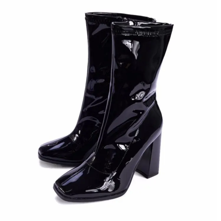 Chicvane Paint Black Square Toe Chunky Heel Mid Calf Boots For Girls With Zipper