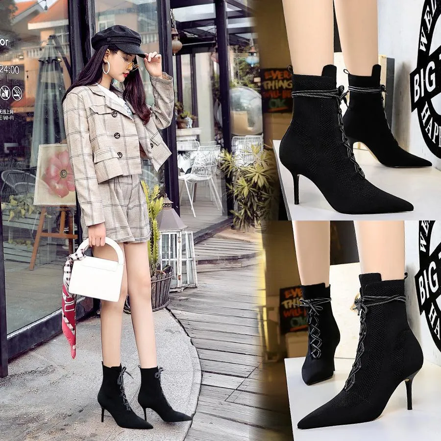 Chicvane Pointed Toe Stiletto Heel Cross Strap Mid Calf Boots