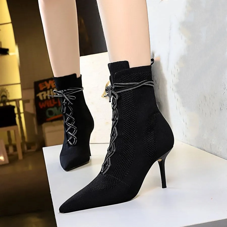 Chicvane Pointed Toe Stiletto Heel Cross Strap Mid Calf Boots