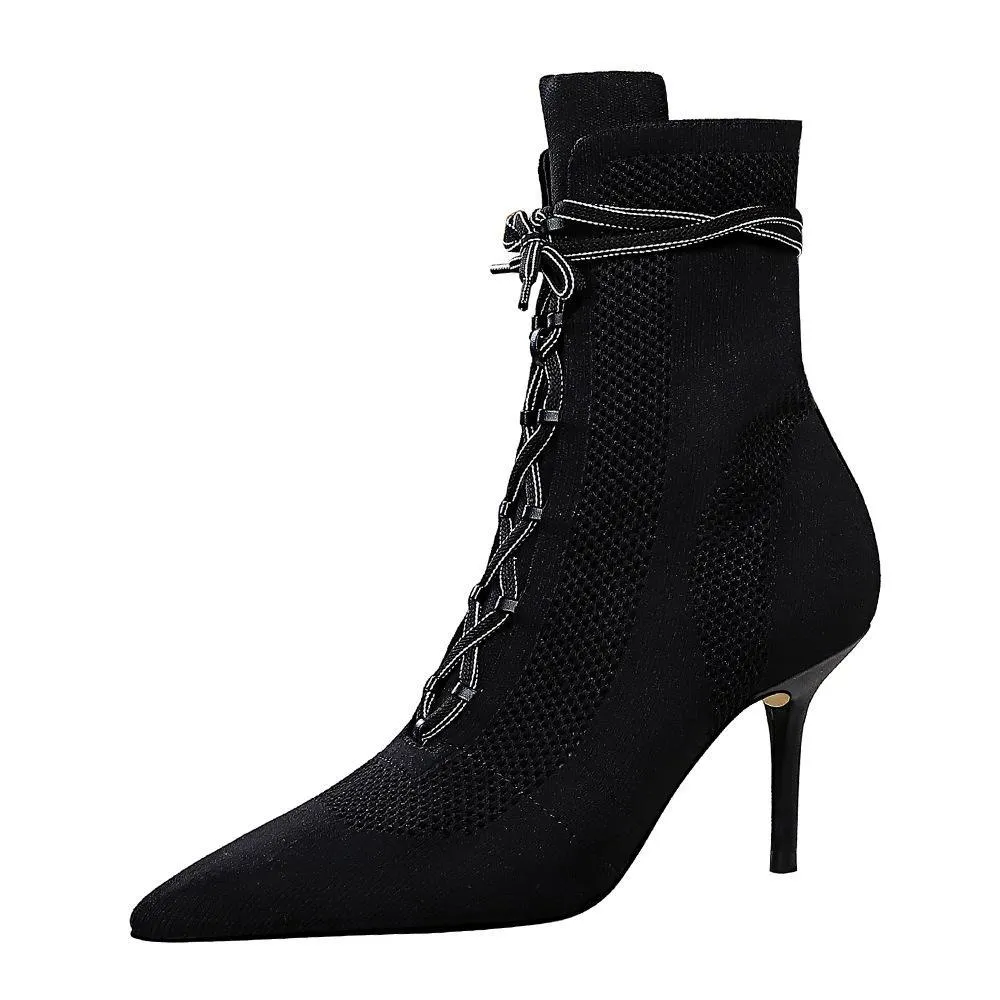 Chicvane Pointed Toe Stiletto Heel Cross Strap Mid Calf Boots