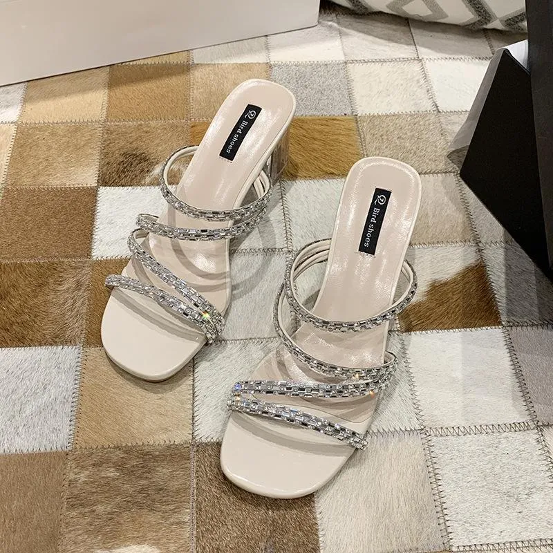 Chicvane Rhinestone Straps Square Toe Heels With Clear Chunky Heel