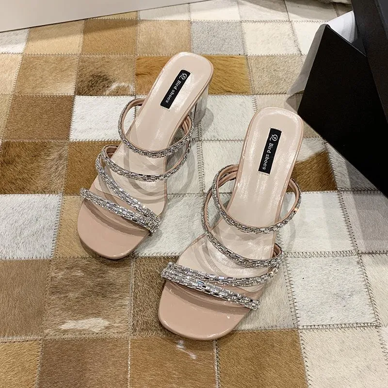 Chicvane Rhinestone Straps Square Toe Heels With Clear Chunky Heel