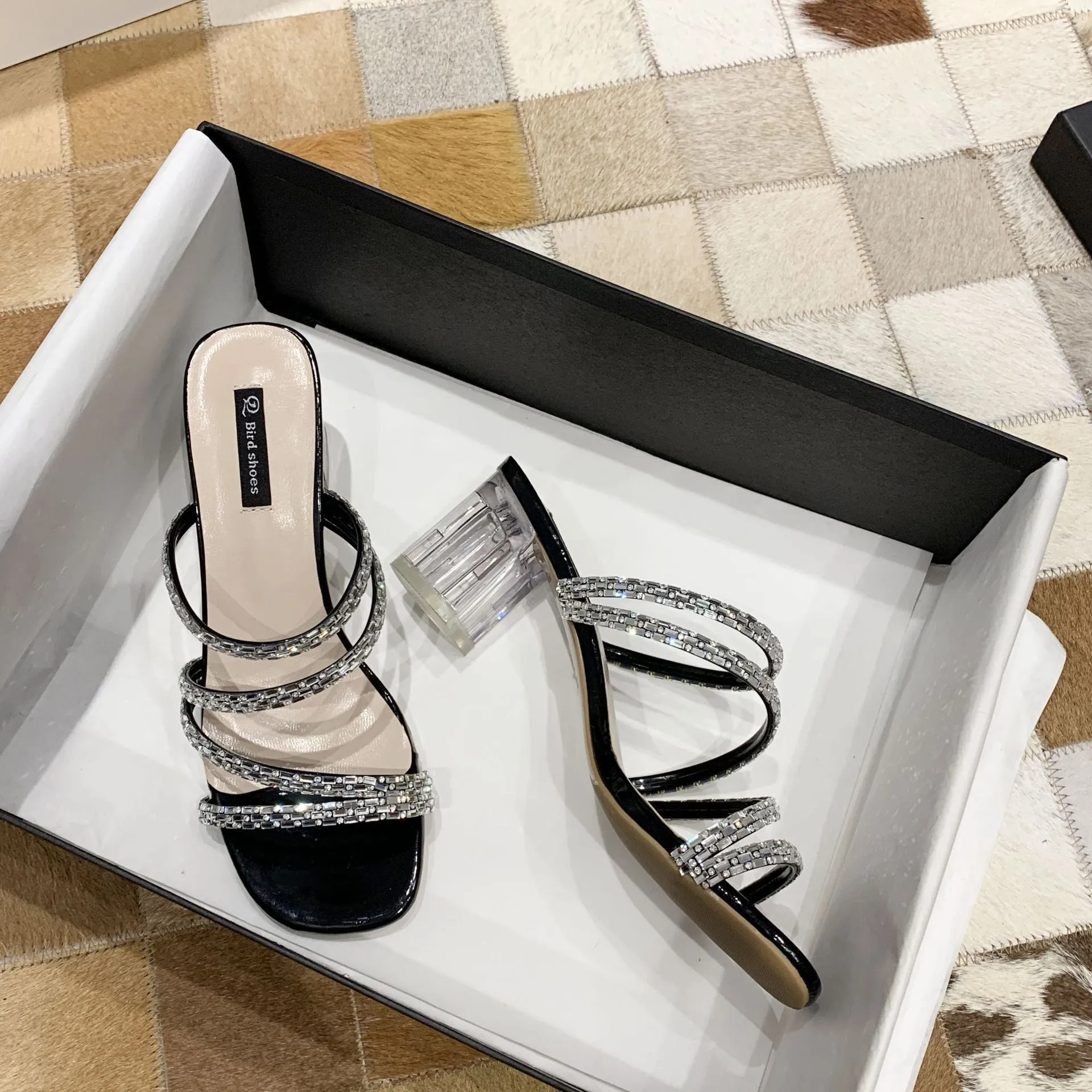 Chicvane Rhinestone Straps Square Toe Heels With Clear Chunky Heel