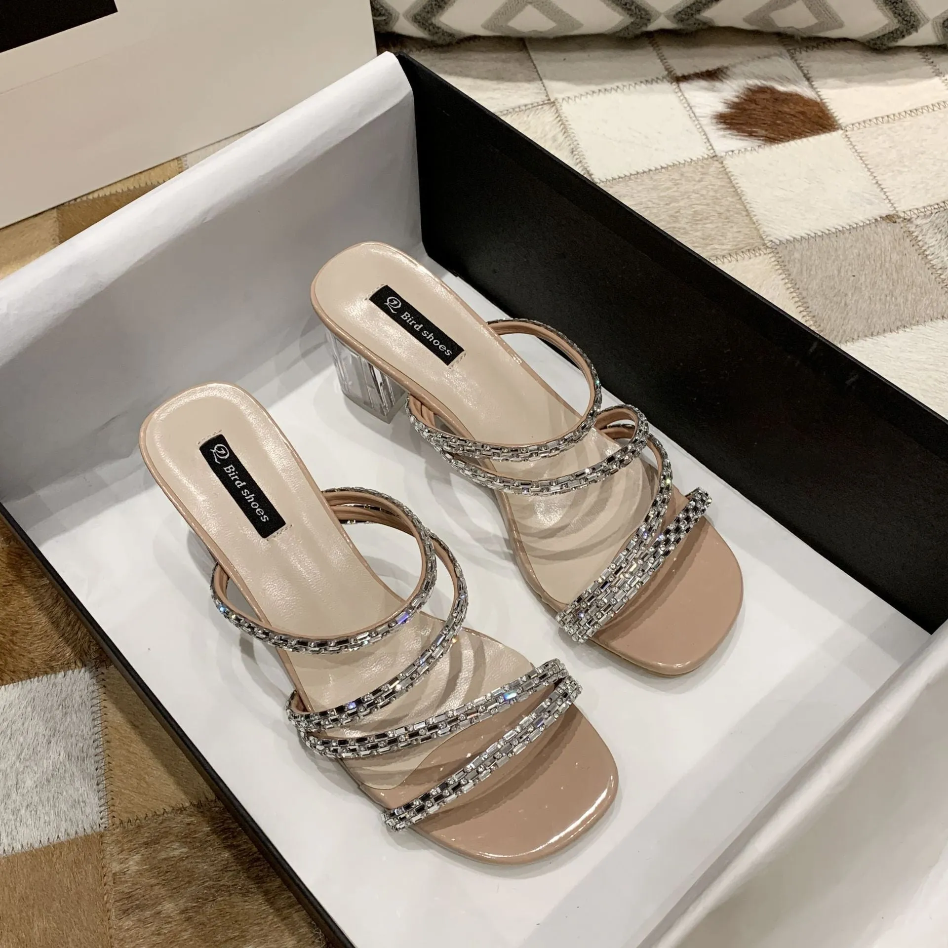 Chicvane Rhinestone Straps Square Toe Heels With Clear Chunky Heel