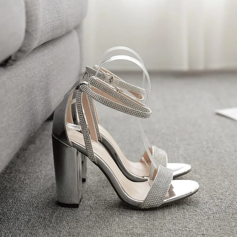 Chicvane Rhinestone Strapy Chunky Heel Evening Party Sandals With Ankle Buckle