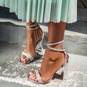 Chicvane Rhinestone Strapy Chunky Heel Evening Party Sandals With Ankle Buckle