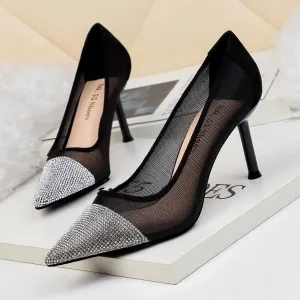 Chicvane Rhinestones Pointed Toe Mesh Stiletto Heel Shoes