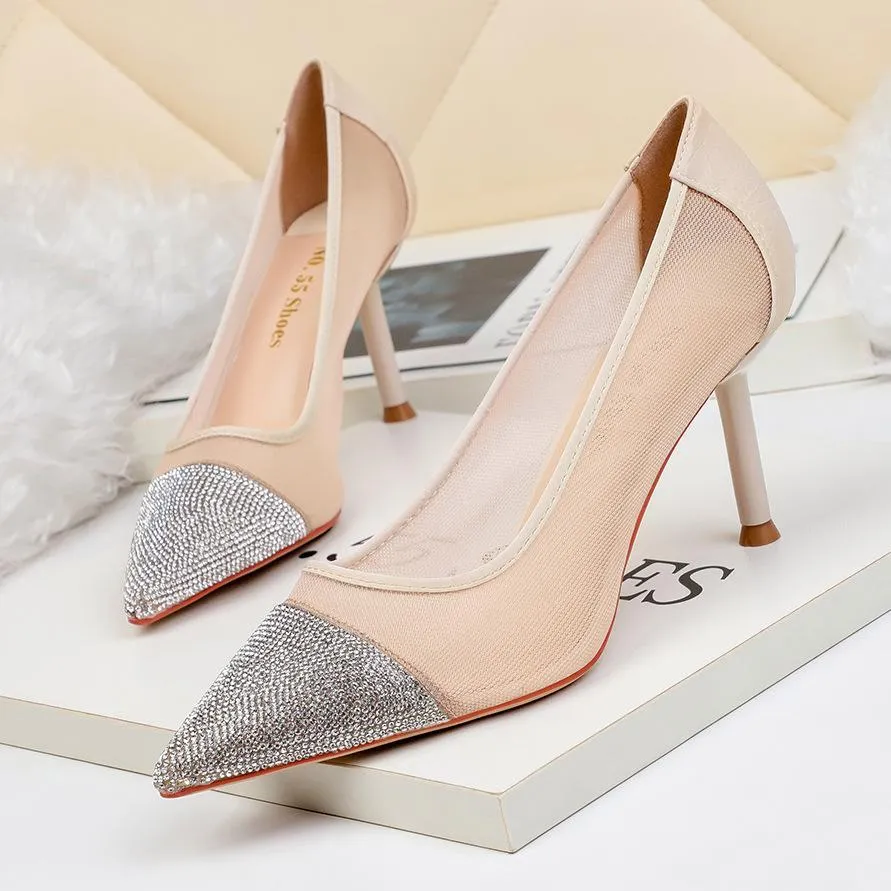 Chicvane Rhinestones Pointed Toe Mesh Stiletto Heel Shoes