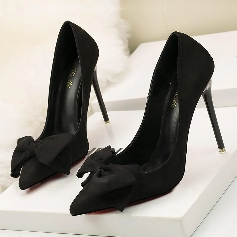 Chicvane Suede Pointed Toe Stiletto Heel with Bowknot