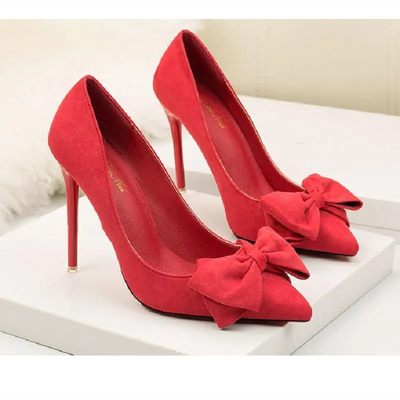 Chicvane Suede Pointed Toe Stiletto Heel with Bowknot