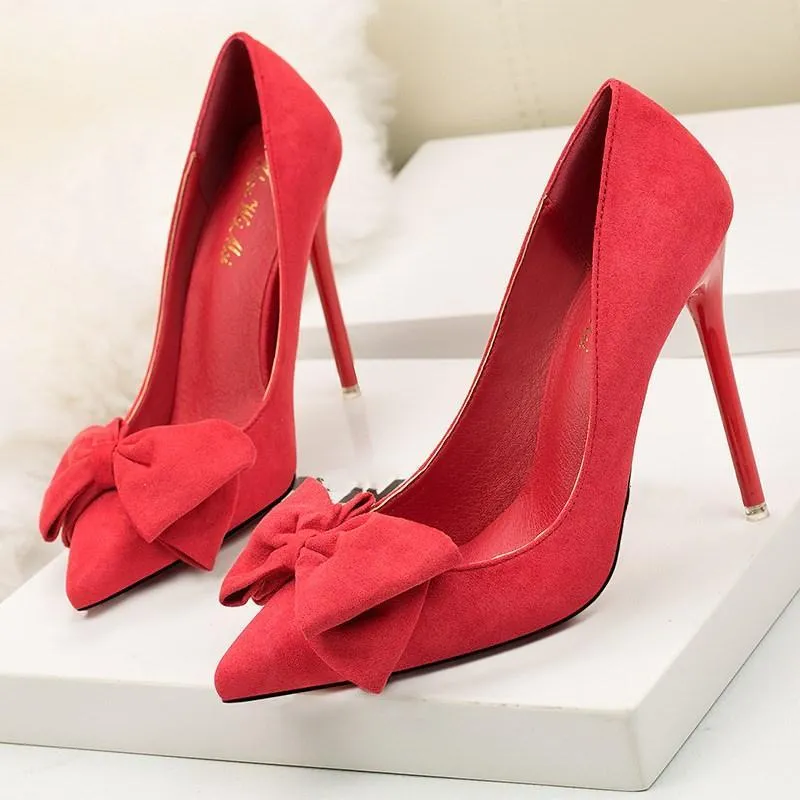 Chicvane Suede Pointed Toe Stiletto Heel with Bowknot