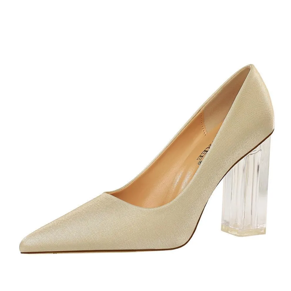 Chicvane Womens Satin Clear Chunky Heels Pointed Toe Bridal Pumps