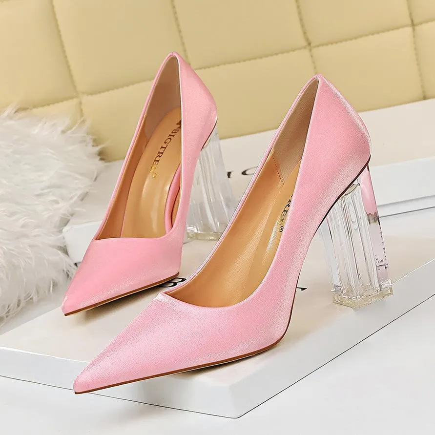 Chicvane Womens Satin Clear Chunky Heels Pointed Toe Bridal Pumps