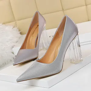 Chicvane Womens Satin Clear Chunky Heels Pointed Toe Bridal Pumps