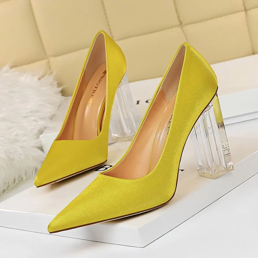 Chicvane Womens Satin Clear Chunky Heels Pointed Toe Bridal Pumps