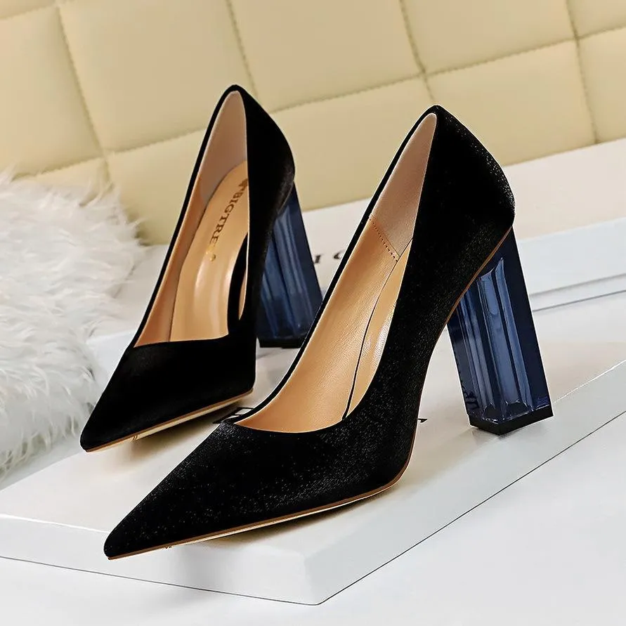 Chicvane Womens Satin Clear Chunky Heels Pointed Toe Bridal Pumps