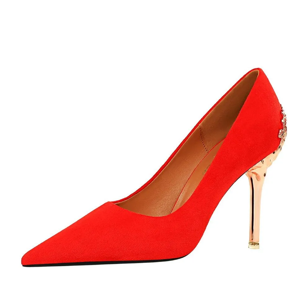 Chicvane Womens Suede Metal Stiletto Heels Pointed Toe Bridal Pumps