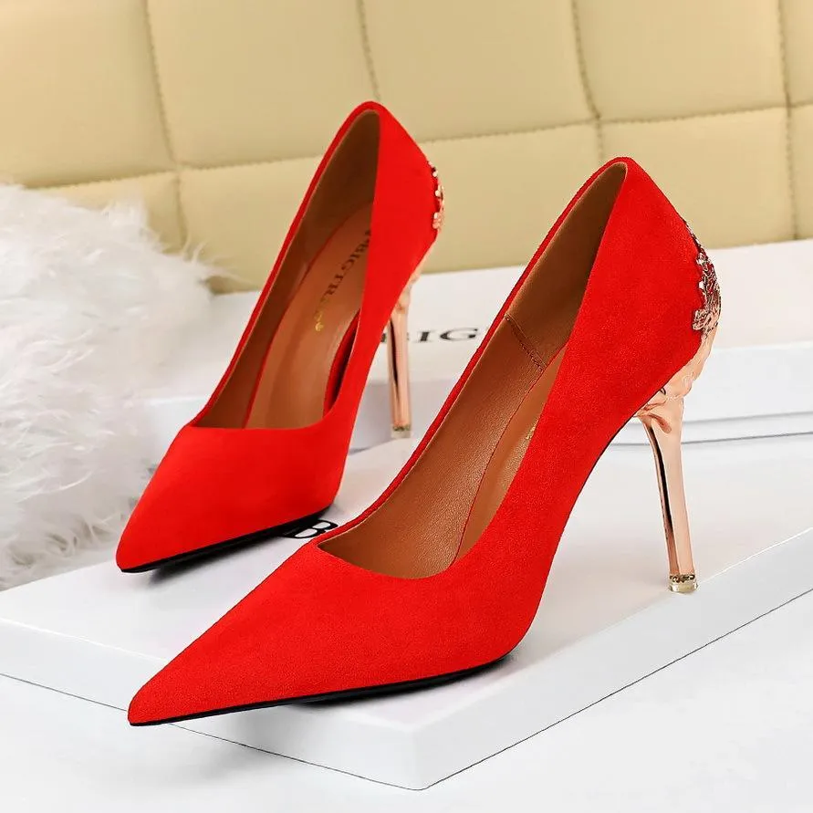 Chicvane Womens Suede Metal Stiletto Heels Pointed Toe Bridal Pumps