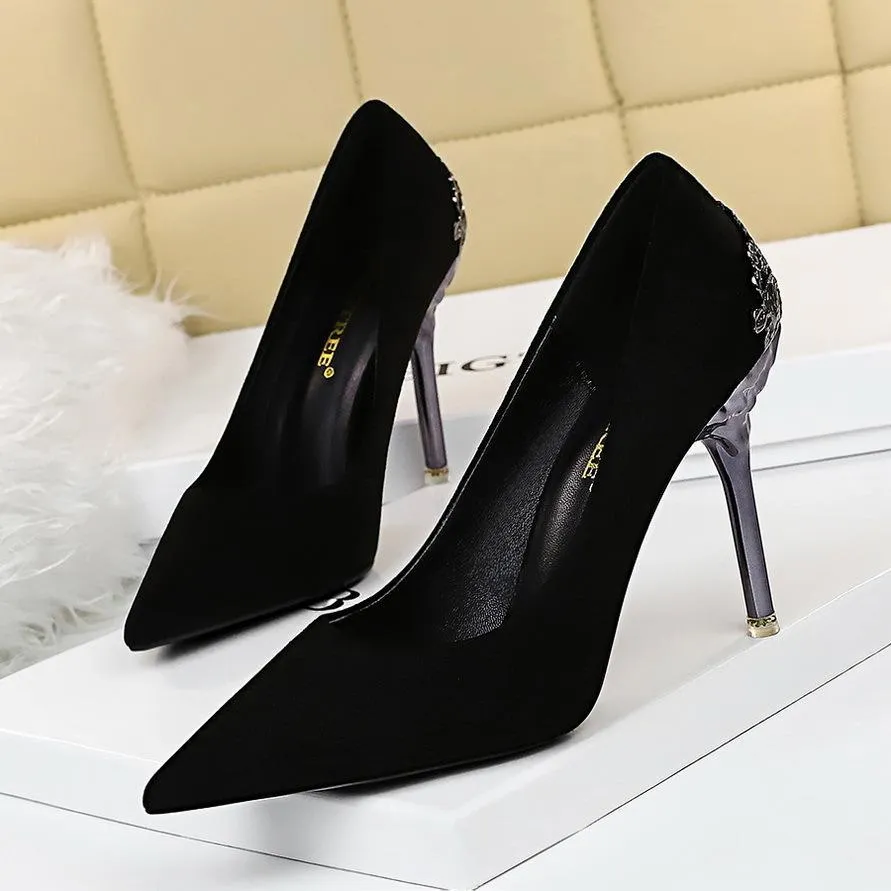 Chicvane Womens Suede Metal Stiletto Heels Pointed Toe Bridal Pumps