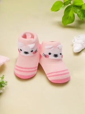 Pink Baby Booties with 3D Bunny Face and Striped Design – Cute and Comfy