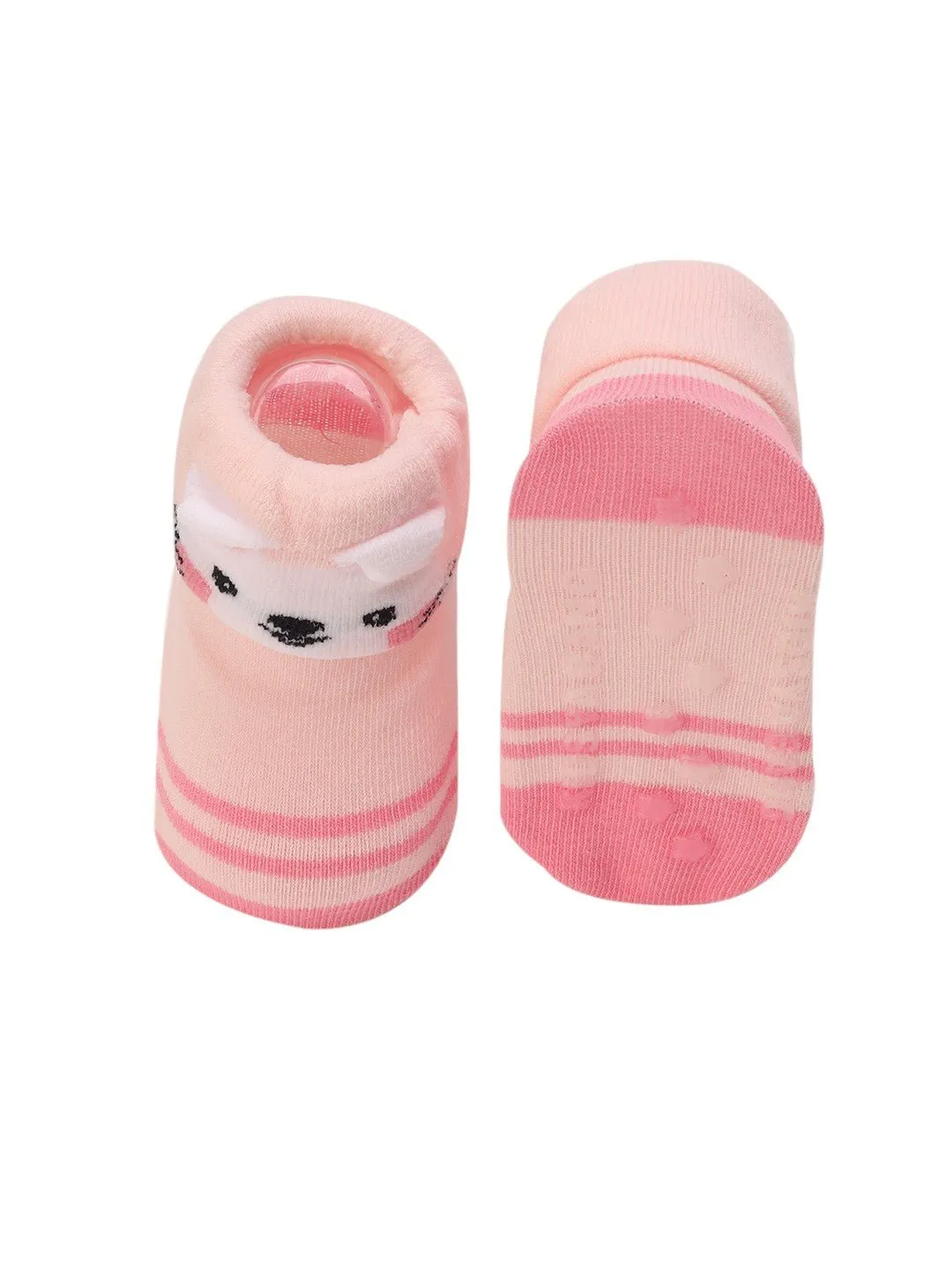 Pink Baby Booties with 3D Bunny Face and Striped Design – Cute and Comfy