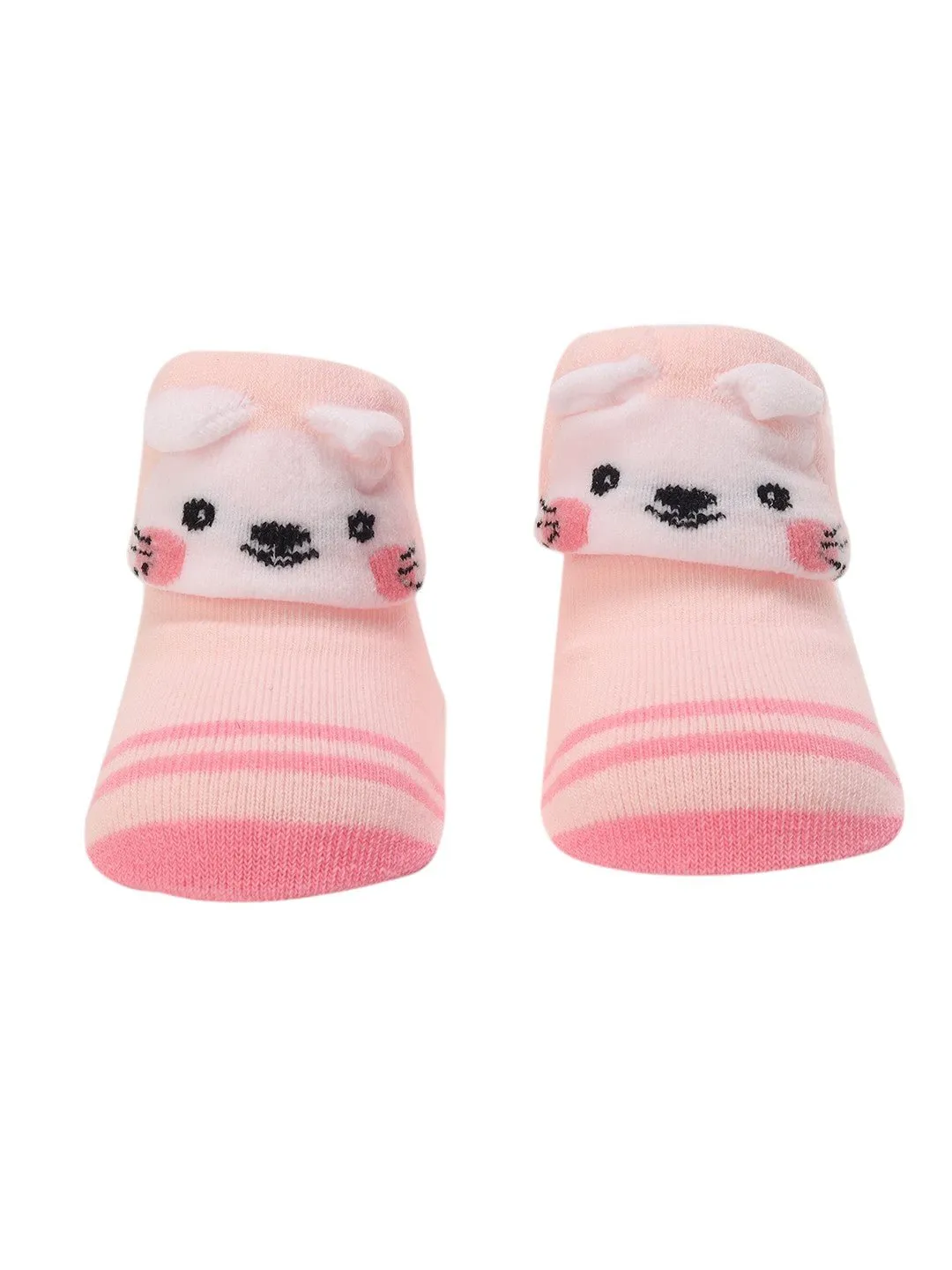 Pink Baby Booties with 3D Bunny Face and Striped Design – Cute and Comfy