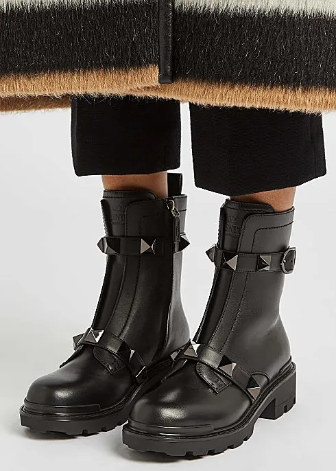 Roman Stud Black Leather Ankle Boots