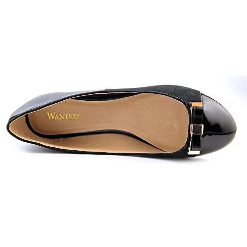 Wanted Barbie Black Patent Vegan Suede Fashion Gold Bow Flats