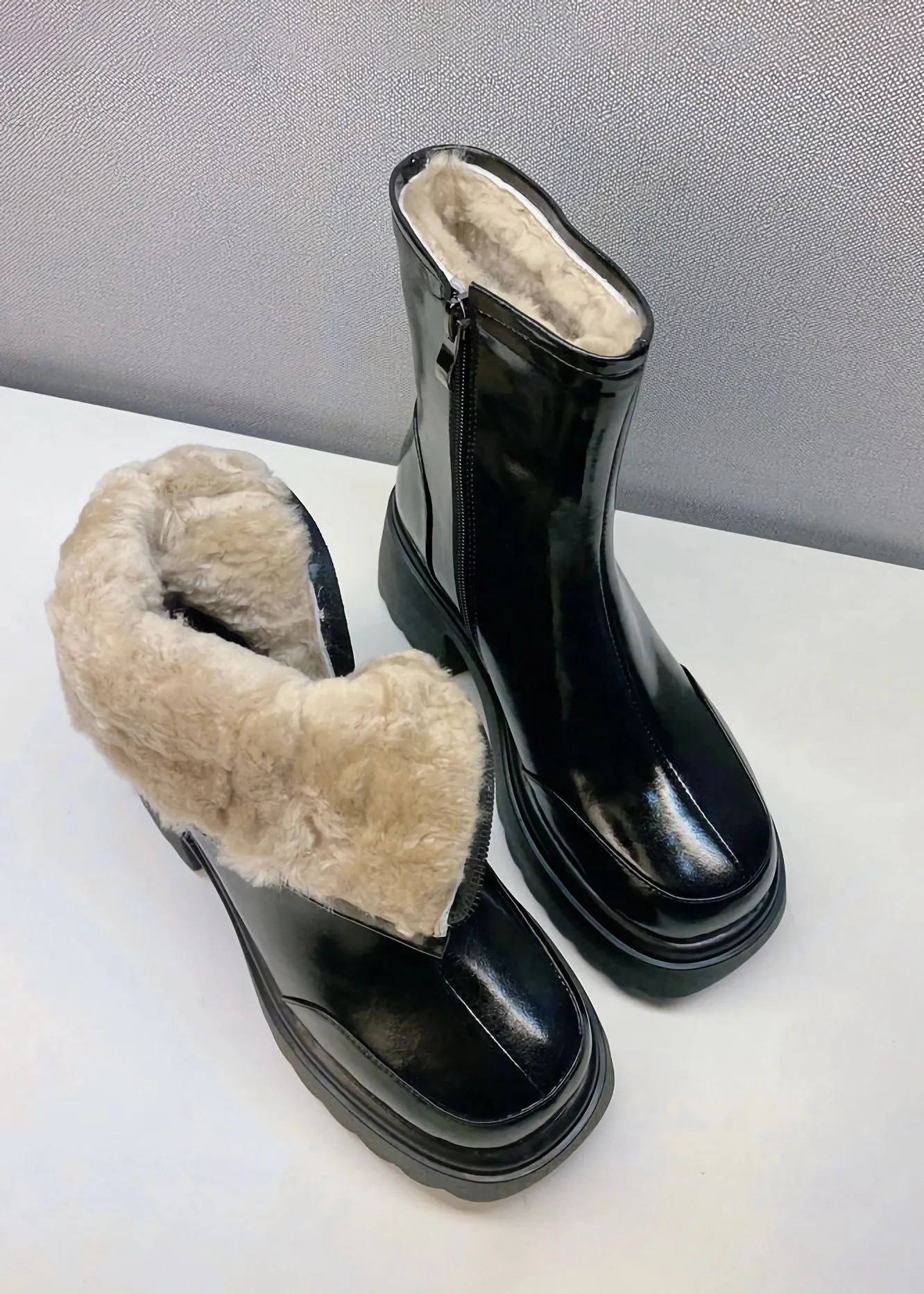 Winter Block Heel Platform Genuine Leather Wool Fur Booties
