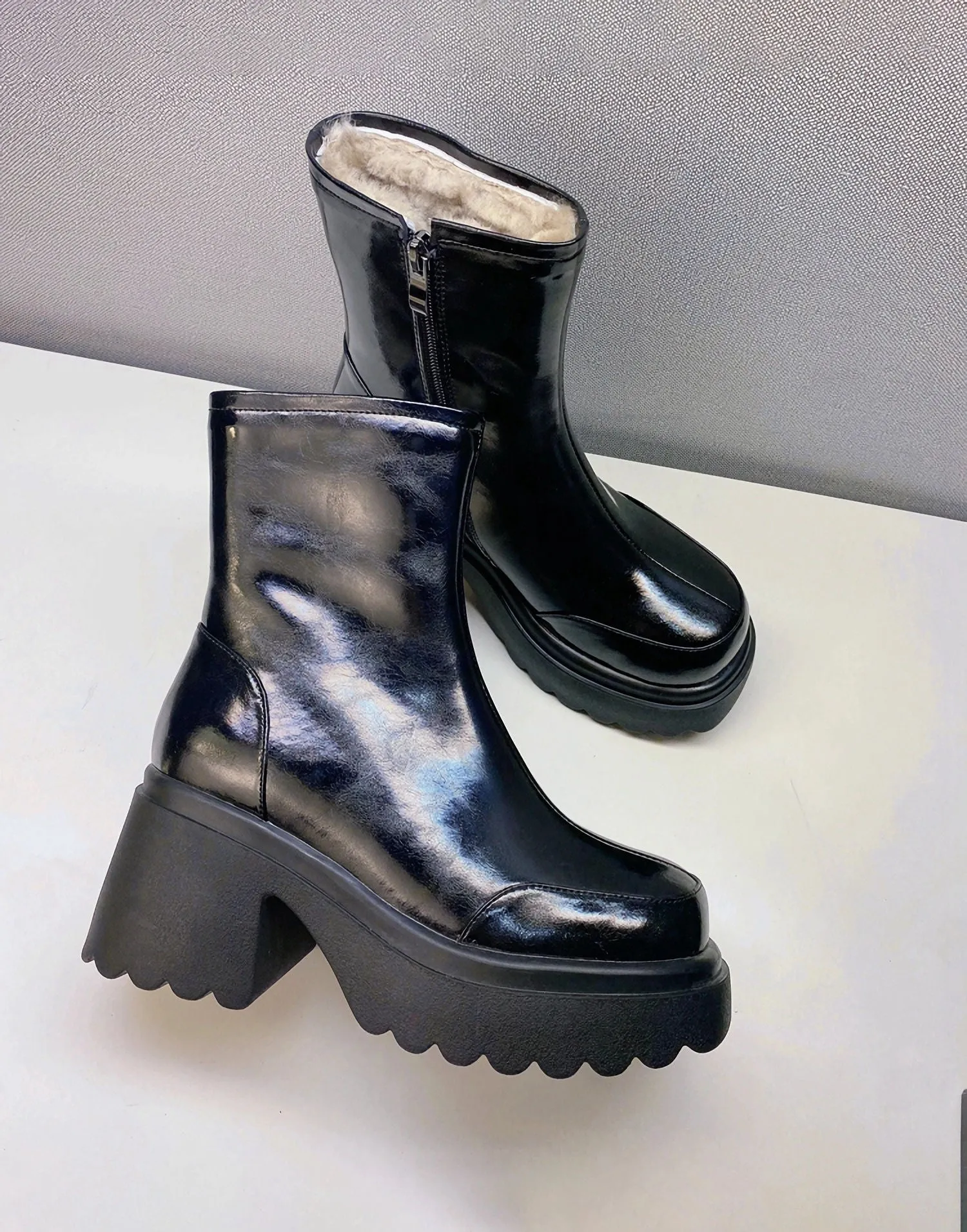 Winter Block Heel Platform Genuine Leather Wool Fur Booties