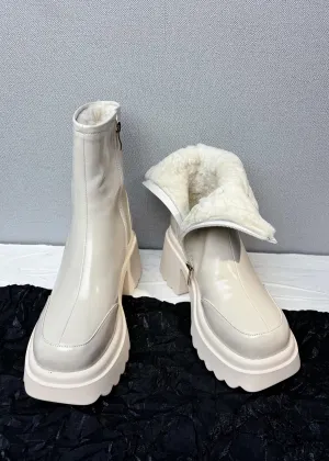 Winter Block Heel Platform Genuine Leather Wool Fur Booties