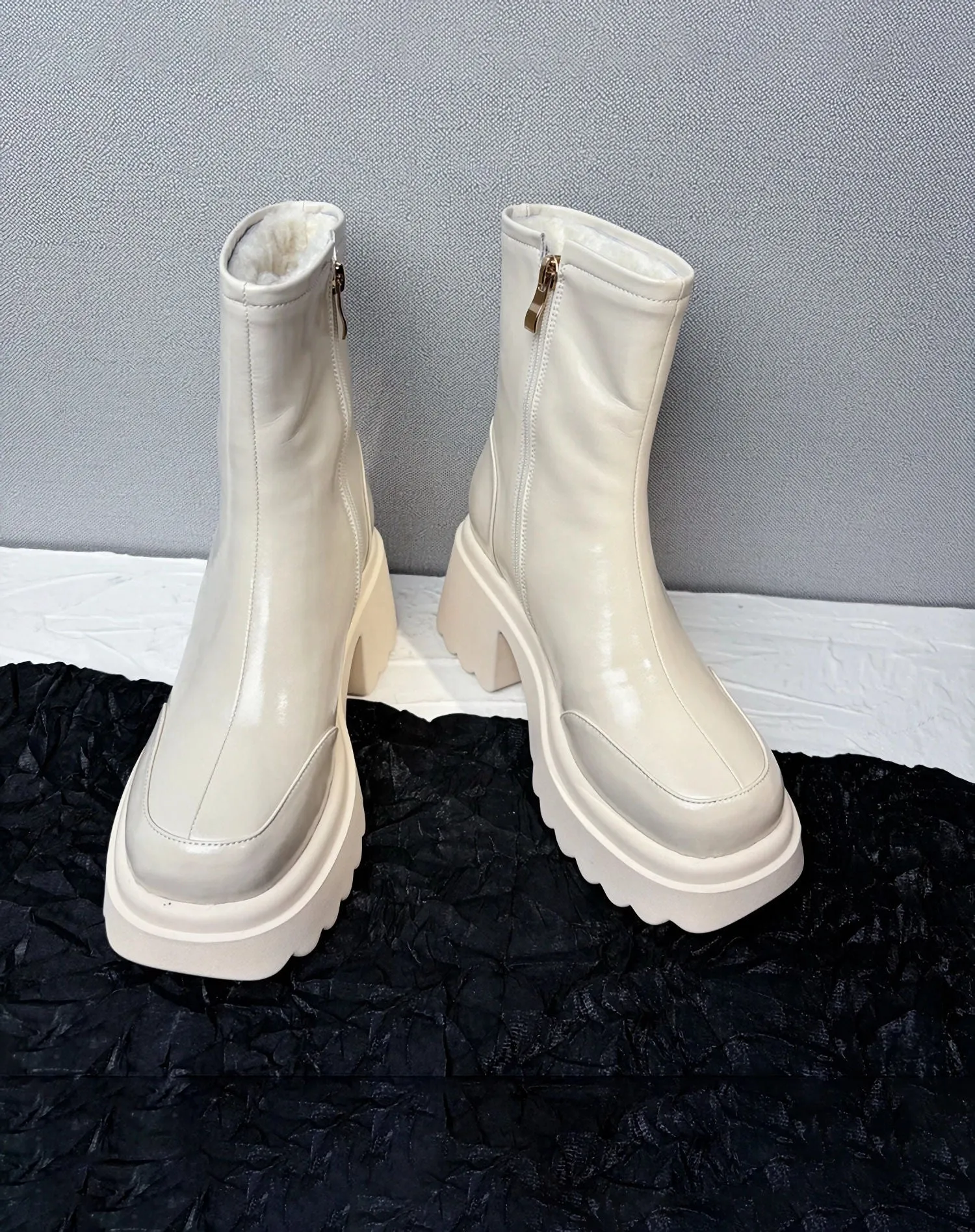 Winter Block Heel Platform Genuine Leather Wool Fur Booties