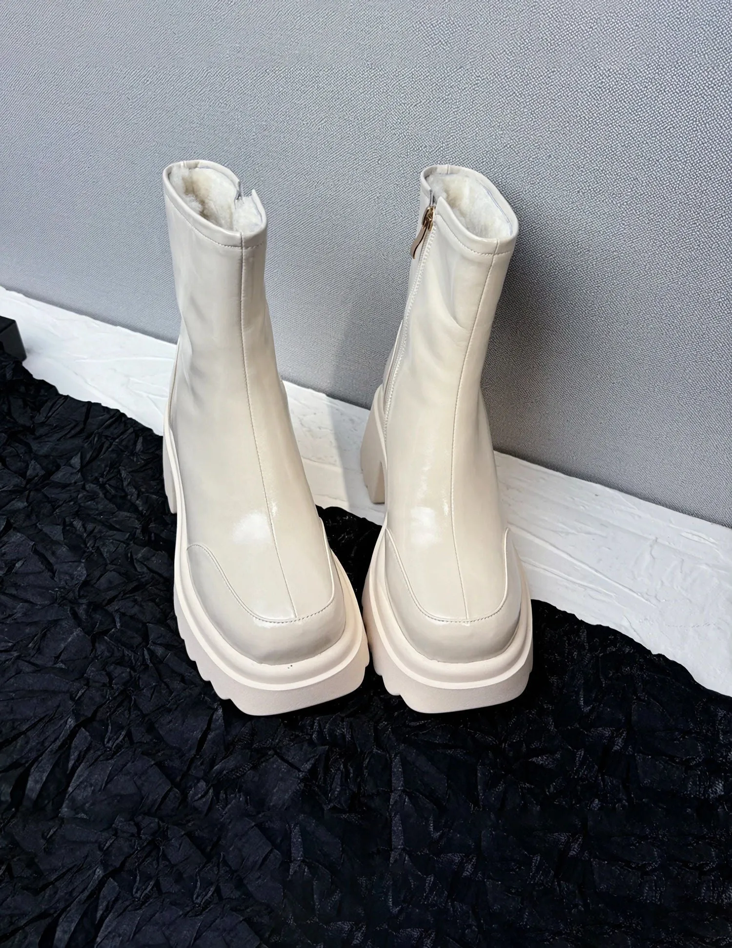 Winter Block Heel Platform Genuine Leather Wool Fur Booties