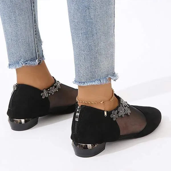 Women's Pointed-Toe Low-Heel Sandals with Rhinestone Floral Mesh and Hollow Design 58667947C