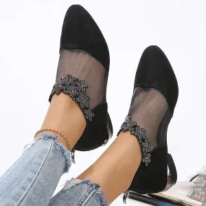 Women's Pointed-Toe Low-Heel Sandals with Rhinestone Floral Mesh and Hollow Design 58667947C