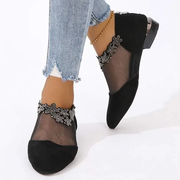 Women's Pointed-Toe Low-Heel Sandals with Rhinestone Floral Mesh and Hollow Design 58667947C